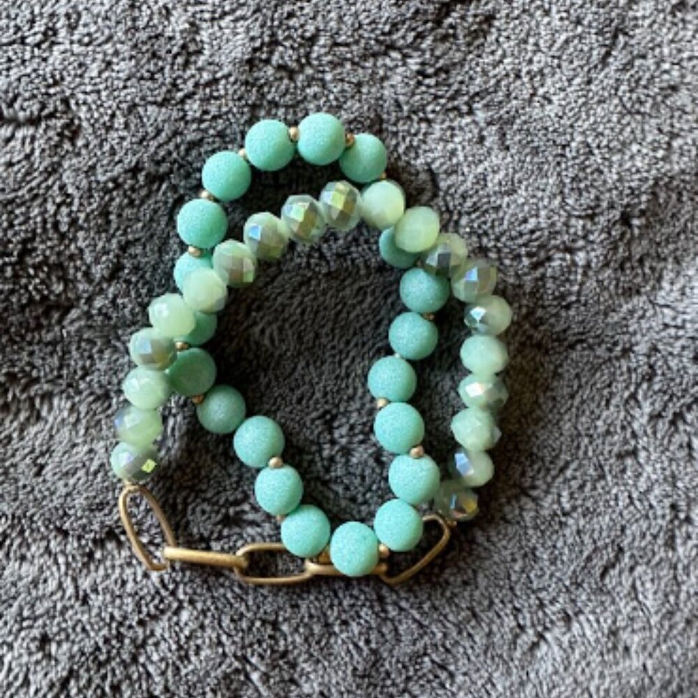 SET of two Jade Green Blue Gold Chain Women's Bracelets Beads